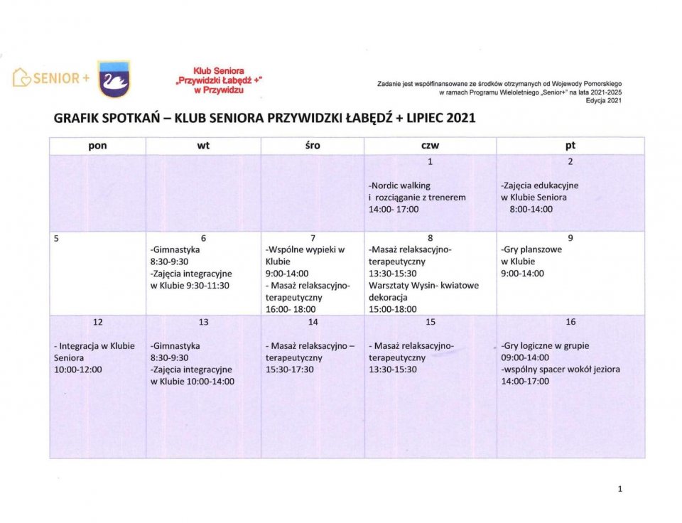 Harmonogram zajęć w klubie seniora na lipiec - część pierwsza