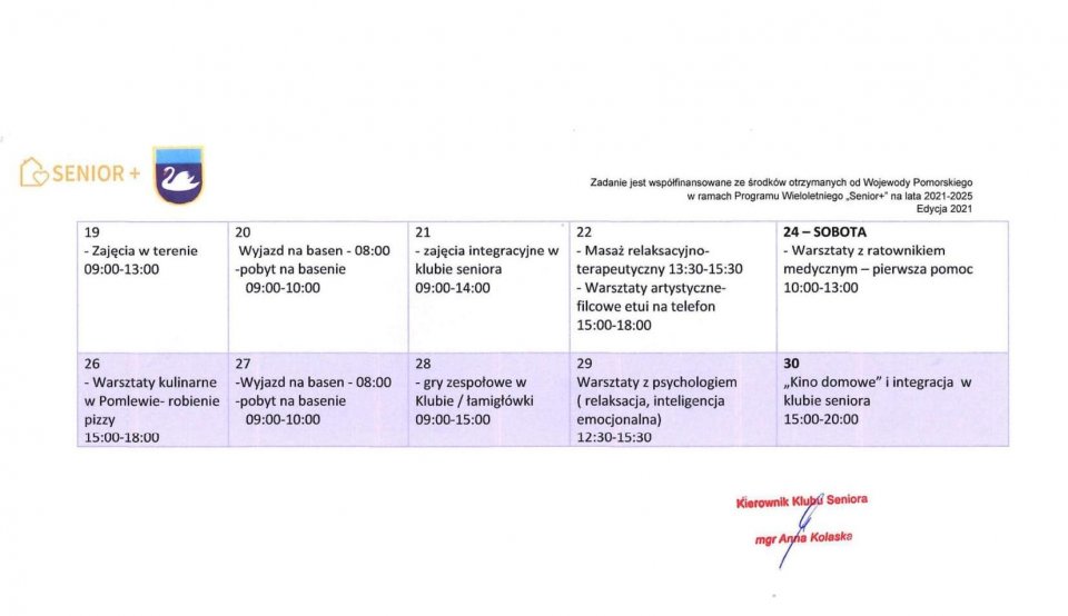Harmonogram zajęć w klubie seniora na lipiec - część druga